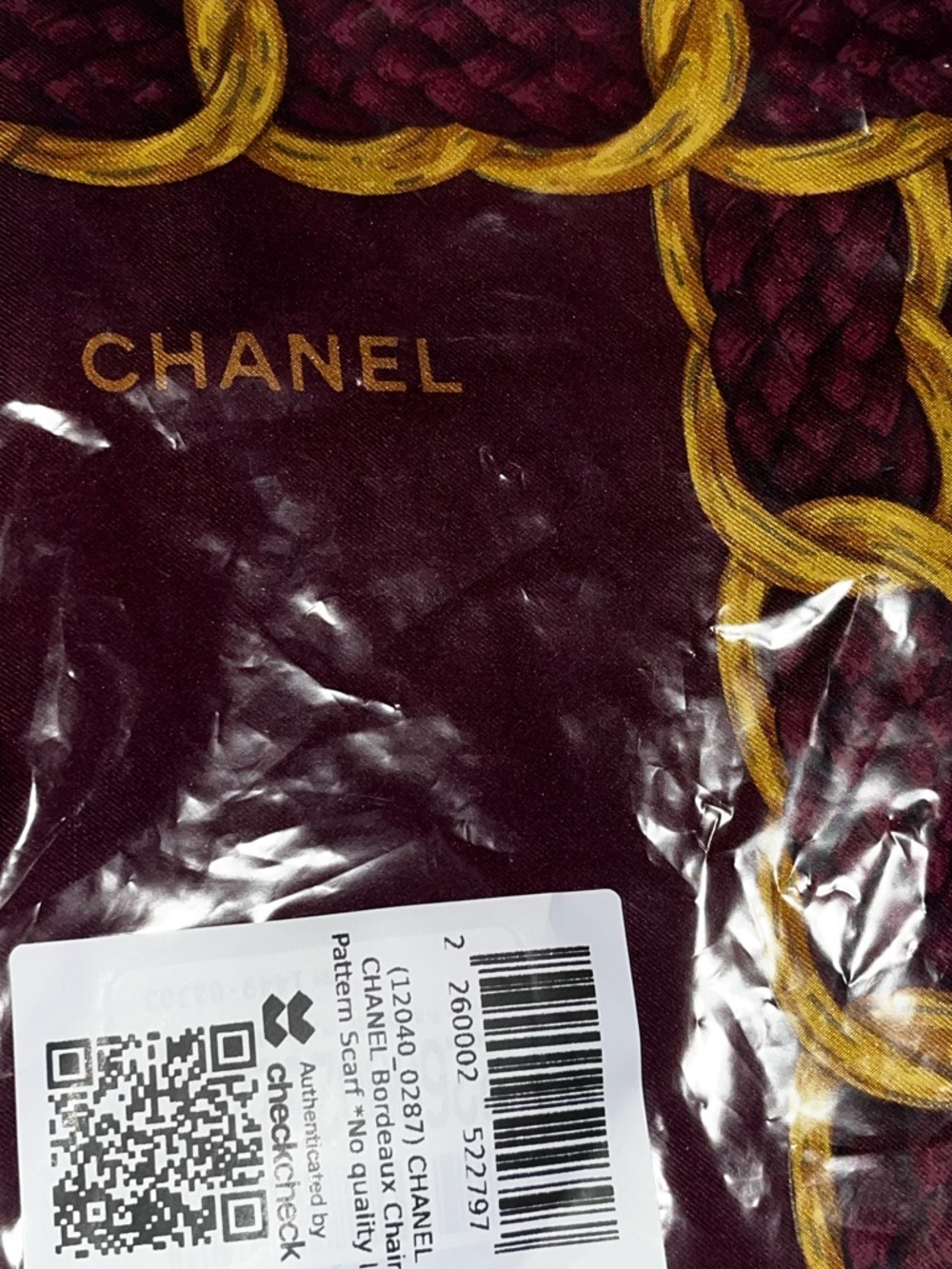Chanel Maroon Silk Scarf with Gold Chain Bordeaux Pattern Wrap! Extra Large